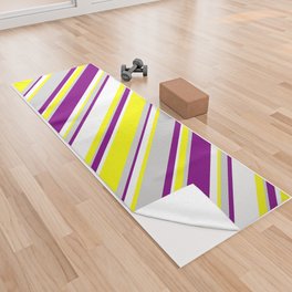 [ Thumbnail: White, Purple, Light Gray & Yellow Colored Lines Pattern Yoga Towel ]