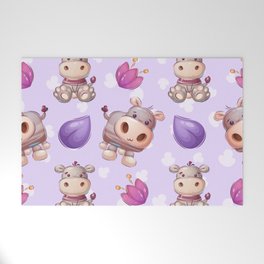 Baby Hippo Cartoon Illustrator Child Drawing, Cute Seamless Pattern Design Welcome Mat