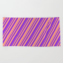 [ Thumbnail: Purple & Light Salmon Colored Striped/Lined Pattern Beach Towel ]