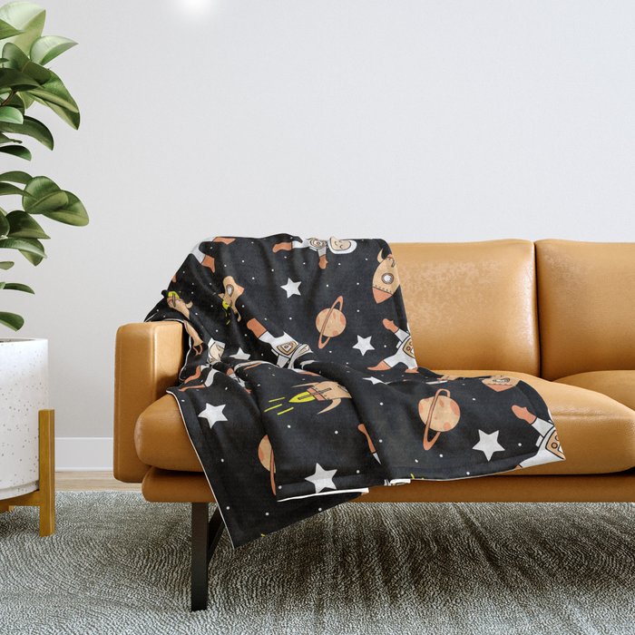 Cute Astronaut - Space Rockets Planets  Throw Blanket