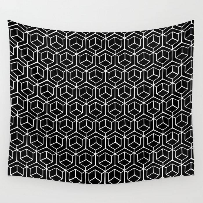 Hand Drawn Hypercube Black Wall Tapestry
