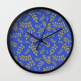 Satin Sheen Gold Leaves on a Cerulean Blue background Wall Clock