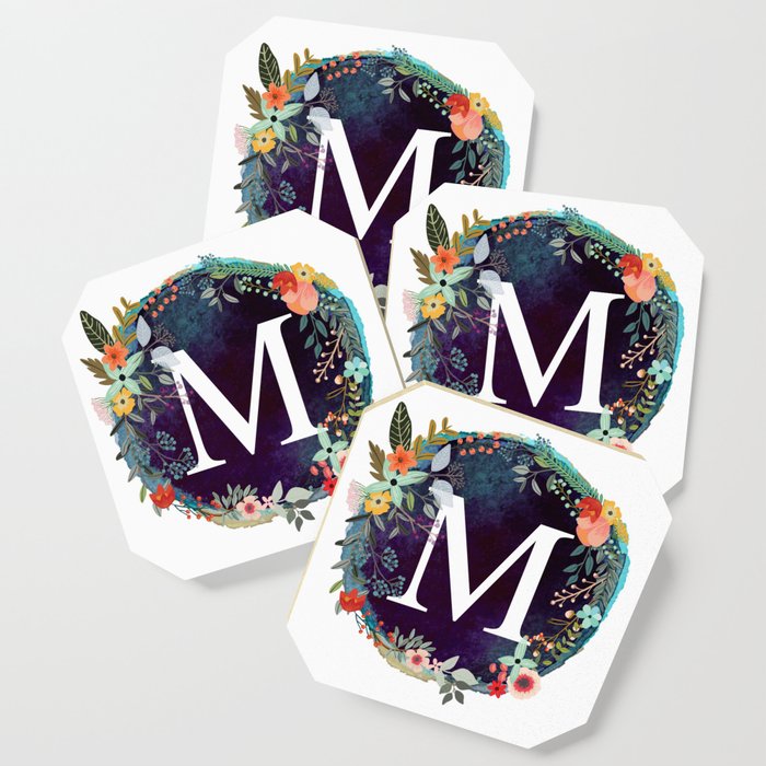 Personalized Monogram Initial Letter M Floral Wreath Artwork Coaster