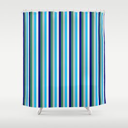 [ Thumbnail: Colorful Deep Sky Blue, Beige, Dark Blue, Sea Green & Grey Colored Pattern of Stripes Shower Curtain ]