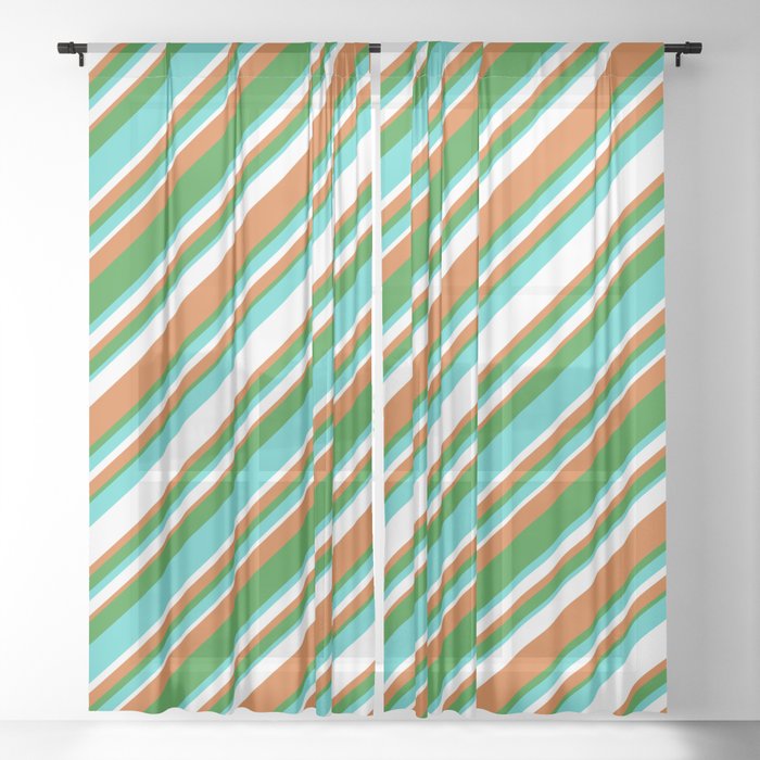 Chocolate, Forest Green, Turquoise, and White Colored Stripes/Lines Pattern Sheer Curtain
