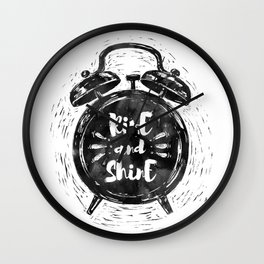 Hand drawn grunge illustration of the alarm clock with handwriting inscription Rise an Shine Wall Clock