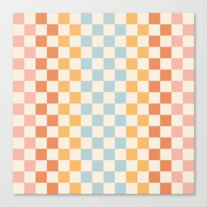 Retro Check Stripes Pattern in Light Muted Orange Blush Blue Cream  Canvas Print