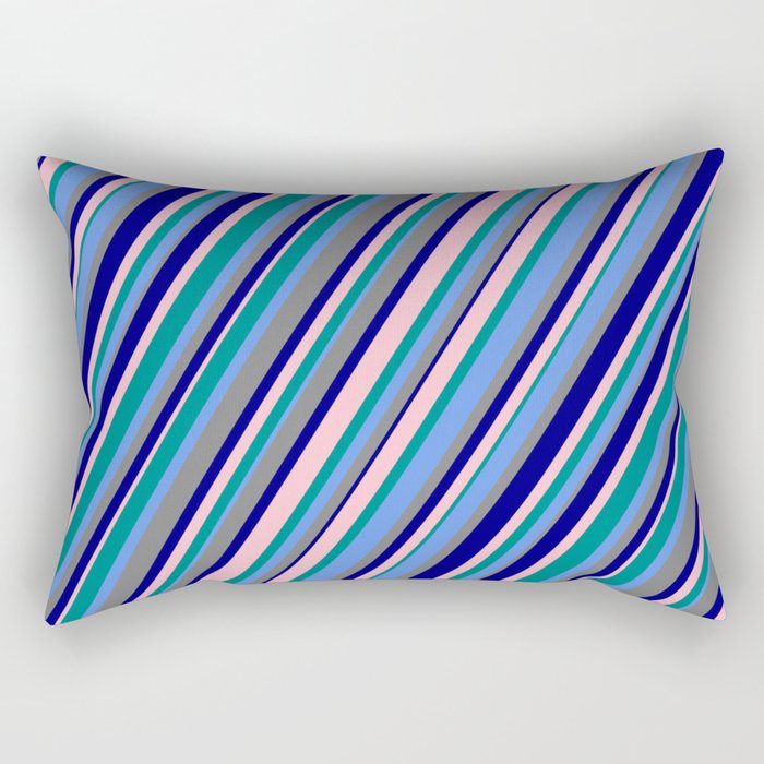 Dark Cyan, Cornflower Blue, Grey, Blue & Pink Colored Stripes/Lines Pattern Rectangular Pillow