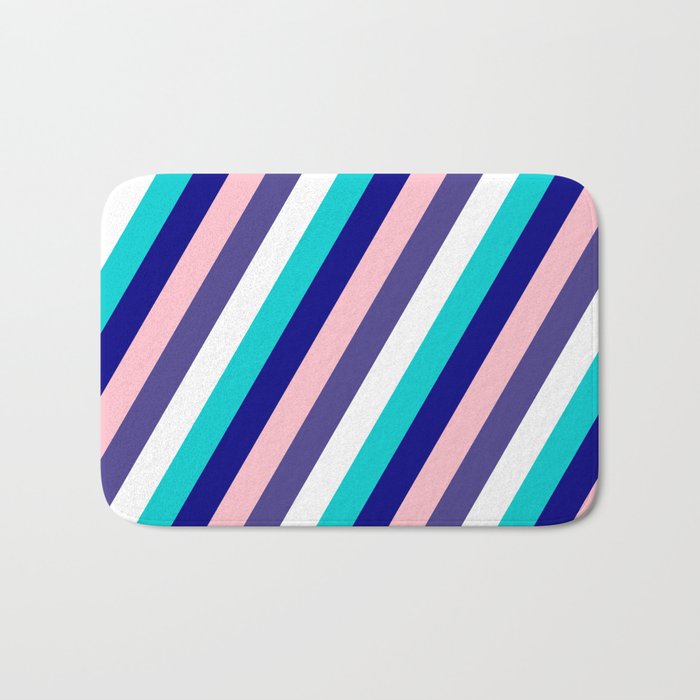 Vibrant Dark Turquoise, Blue, Pink, Dark Slate Blue & White Colored Lined/Striped Pattern Bath Mat