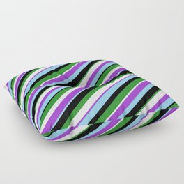 [ Thumbnail: Dark Orchid, Light Sky Blue, Black, Forest Green, and White Colored Lines Pattern Floor Pillow ]