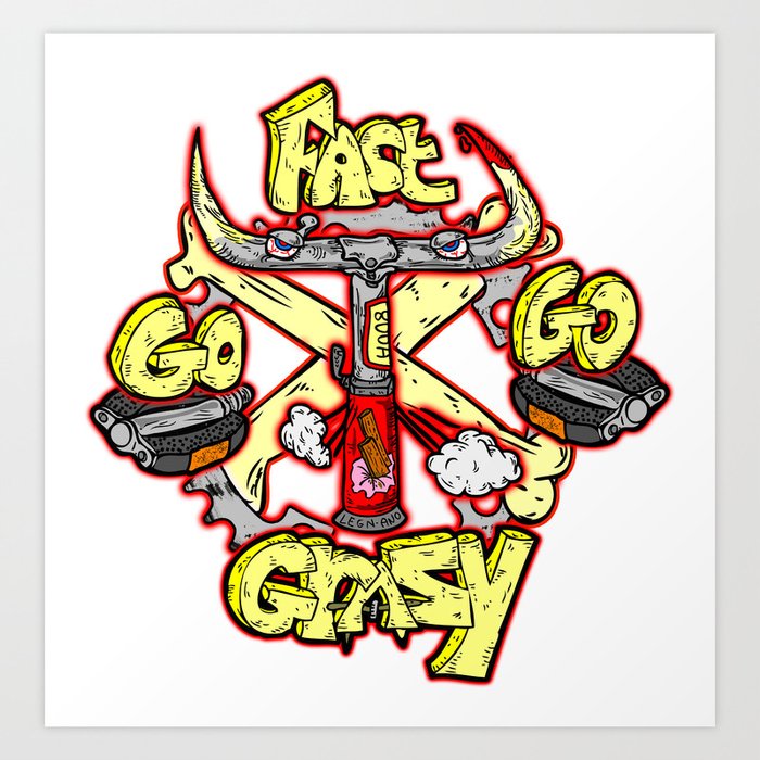 go fast go GRAZY ( vintage folding bicycle tribute - bull angry sketch handdrawn italian logo )  Art Print