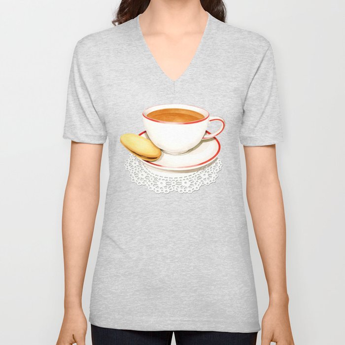 Cup of Tea, a Biscuit and Red Gingham V Neck T Shirt