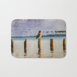 Romans 8:28 Pelican  Bath Mat | Coastal, Art, Pelican, Color, Water, Purple, Landscape, Scripture, Photo, Coast 