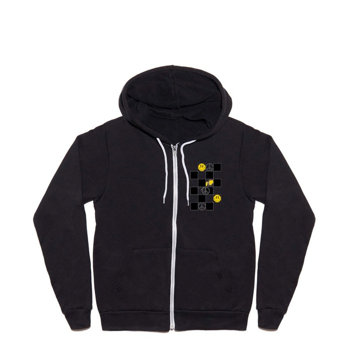 Checkered Smiley Face & Peace Sign Full Zip Hoodie