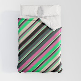 [ Thumbnail: Eyecatching Dark Slate Gray, Hot Pink, Green, Beige, and Black Colored Lines Pattern Duvet Cover ]
