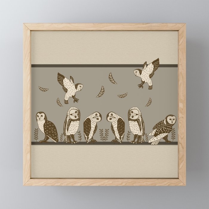 Cute Barn Owls in Windows Pane Framed Mini Art Print
