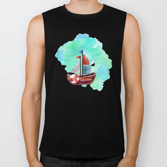 Ship in the Watercolor Biker Tank