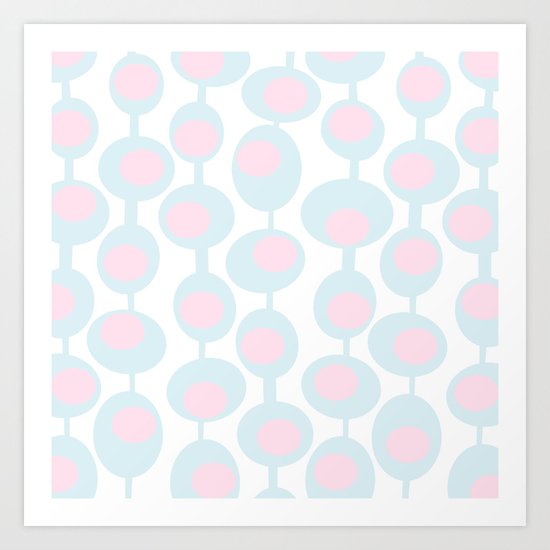 abstract 60ies circles and dots pattern in pink, white and aqua Art Print