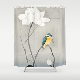 Kingfisher sitting on a lotus flower - Vintage Japanese Woodblock Print Art Shower Curtain