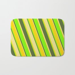 [ Thumbnail: Tan, Yellow, Green & Dark Olive Green Colored Lined Pattern Bath Mat ]