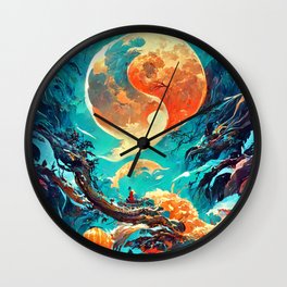 Fantasy Japanese Temple Jin in jang (Yin and Yang) Wall Clock | Autumn, Japan, Antique, Abstractpainting, Temple, Ancient, Illustration, Landscape, Moonlight, Ethnic 