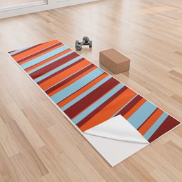 [ Thumbnail: Sky Blue, Red, and Maroon Colored Pattern of Stripes Yoga Towel ]
