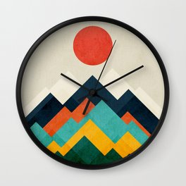 The hills are alive Wall Clock | Curated, Minimalism, Nature, Mountain, Sun, Vintage, Landscape, Other, Expressionism, Colorful 