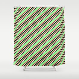[ Thumbnail: Green, Red, White & Black Colored Lines/Stripes Pattern Shower Curtain ]