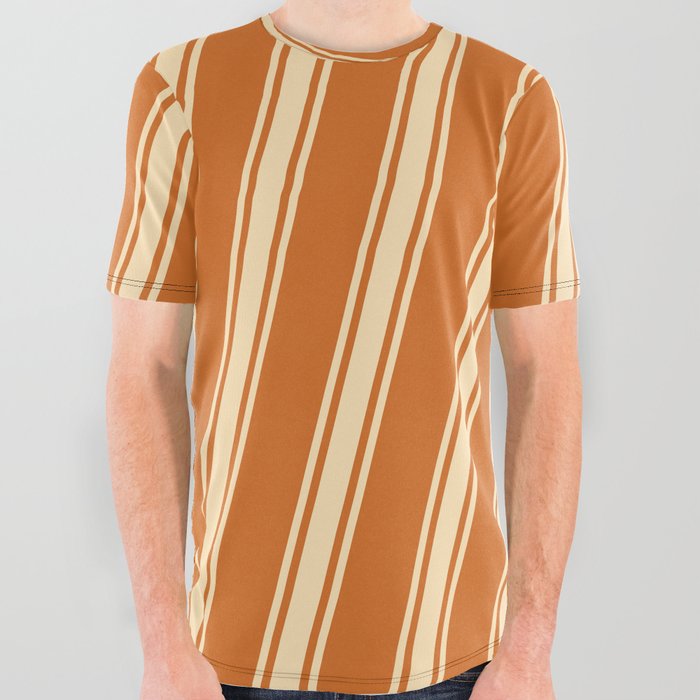 Chocolate & Beige Colored Lined/Striped Pattern All Over Graphic Tee