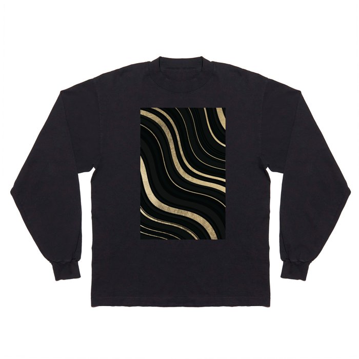 Geometrical abstract black gold wavy lines Long Sleeve T Shirt