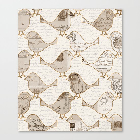 old letter pattern vintage birds art Canvas Print