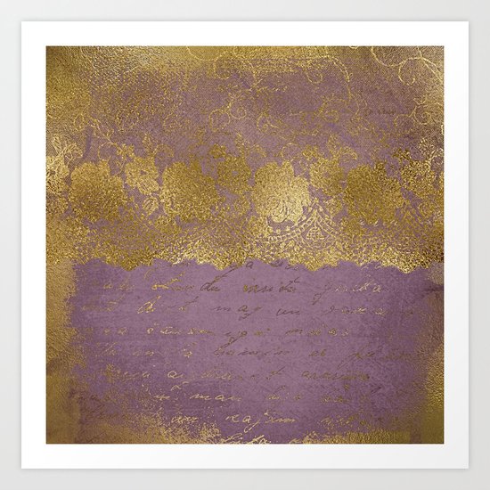 Romantic Bridal lace - Gold floral elegant lace on old purple paper Art Print