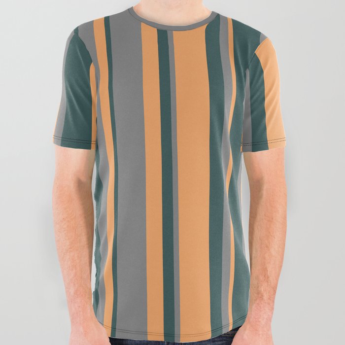 Grey, Dark Slate Gray & Brown Colored Lined/Striped Pattern All Over Graphic Tee