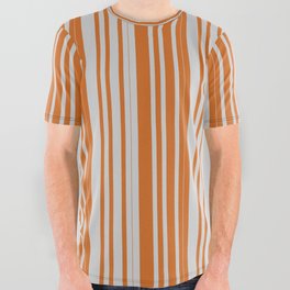 [ Thumbnail: Light Grey and Chocolate Colored Lined Pattern All Over Graphic Tee ]
