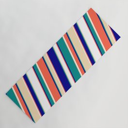 [ Thumbnail: Red, Dark Blue, Dark Cyan, Tan & White Colored Lined/Striped Pattern Yoga Mat ]