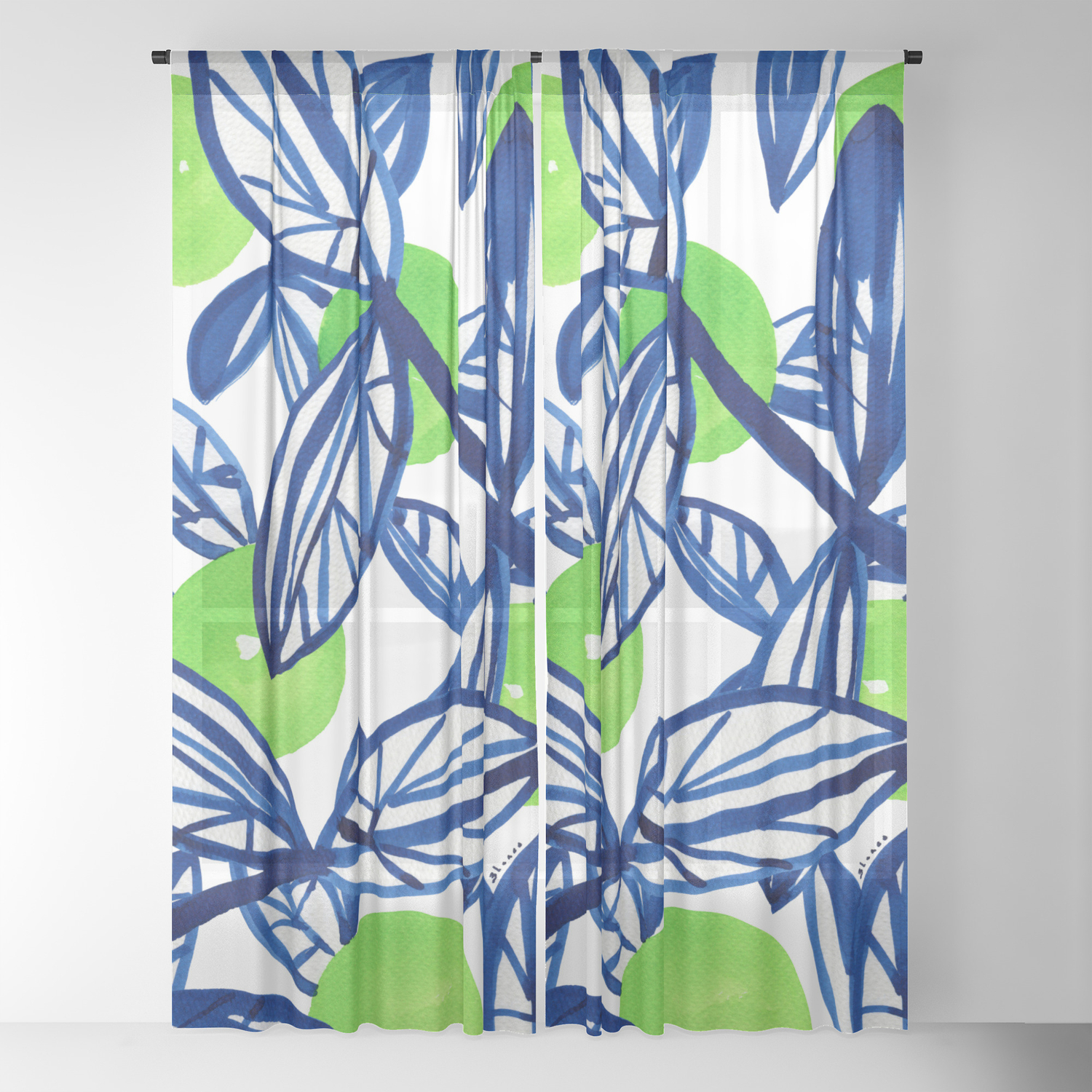 Blue And Lime Green Abstract Apple Tree Sheer Curtain By