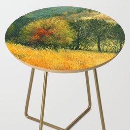 An oil painting on canvas of a seasonal autumn rural landscape with colorful old pear tree, growing alone on a bright sunny meadow near the forest Side Table