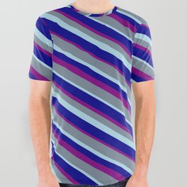[ Thumbnail: Light Slate Gray, Light Blue, Dark Blue, and Purple Colored Lines/Stripes Pattern All Over Graphic Tee ]