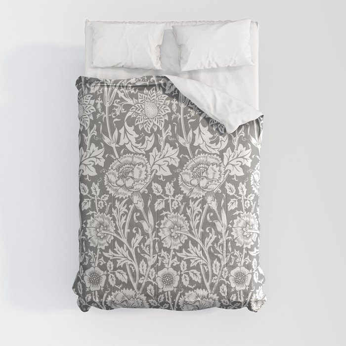 William Morris Floral Pattern | “Pink and Rose” in Grey and White | Vintage Flower Patterns | Comforter