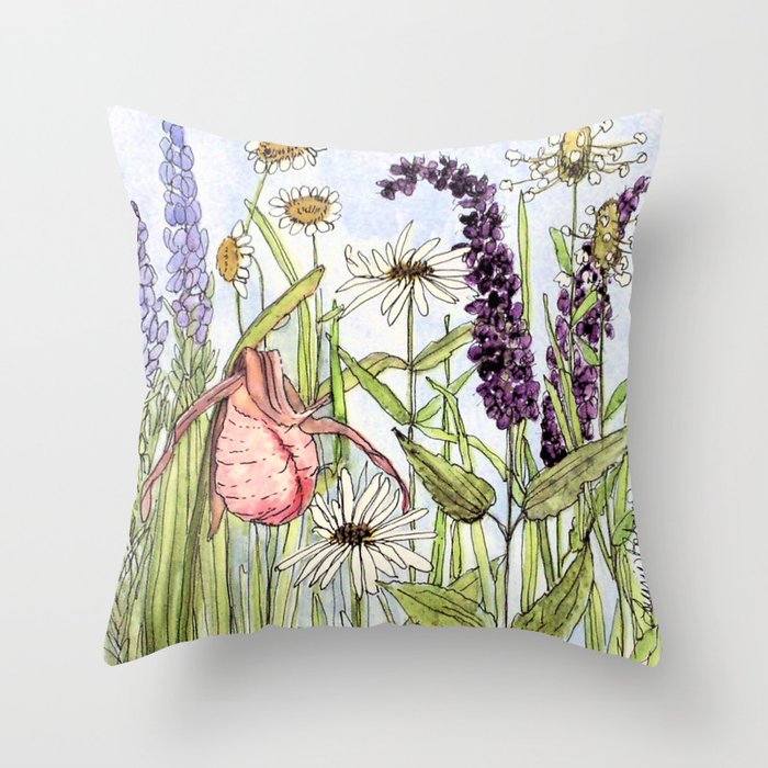 Lady Slipper Orchid Woodland Wildflower Watercolor Throw Pillow