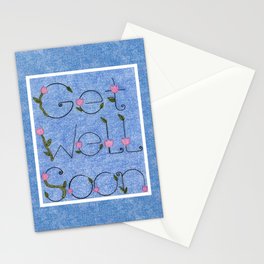 Get Well Soon on Blue Background with Flowers Stationery Cards