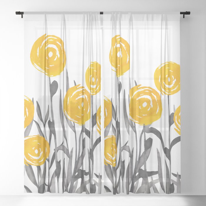 Fall Sunshine, Floral Watercolor Print, Yellow and Gray Sheer Curtain