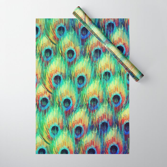 Watercolor Peacock Feather Pattern Wrapping Paper By