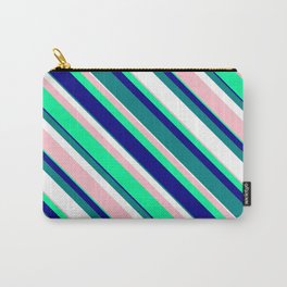 [ Thumbnail: Vibrant Pink, Green, Blue, Teal, and White Colored Striped/Lined Pattern Carry-All Pouch ]