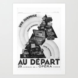 Une Surprise Au Depart 1928 Vintage Luggage Advertisement | illustration, magazine, paris, french, france, lv, louis, trunks, travel, tourism Art Print