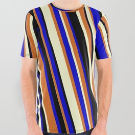 [ Thumbnail: Chocolate, Light Yellow, Black & Blue Colored Lines/Stripes Pattern All Over Graphic Tee ]