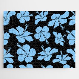 Bright hawaiian seamless pattern with tropical hibiscus flowers on black background in blue colors. Jigsaw Puzzle