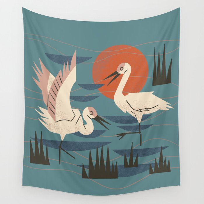 Cranes Wading At Sunset Wall Tapestry