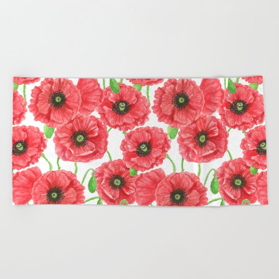 Watercolor poppies floral pattern Beach Towel