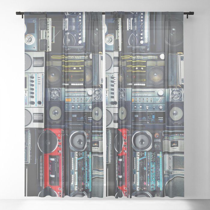 Retro Pop Eighties Boombox Radio Pattern Sheer Curtain